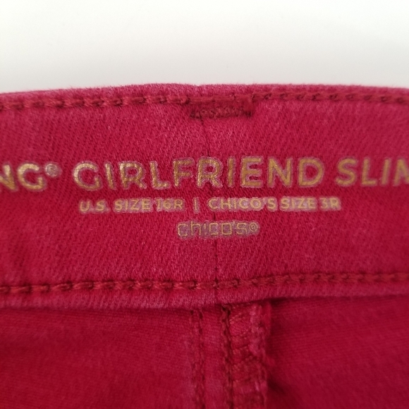 Chico's Red So Slimming Girlfriend Ankle Jeans Size 16R Stretch Festive - Picture 6 of 11